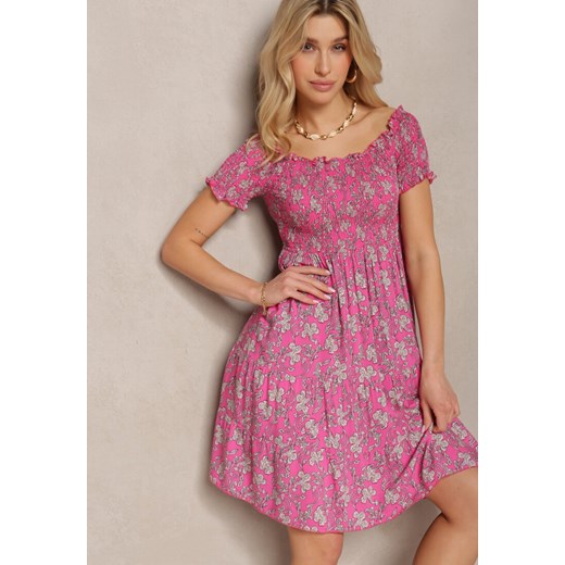 Różowa Sukienka z Bawełny Typu Hiszpanka z Marszczoną Górą i Falbanką Jannesto ze sklepu Renee odzież w kategorii Sukienki - zdjęcie 171943384