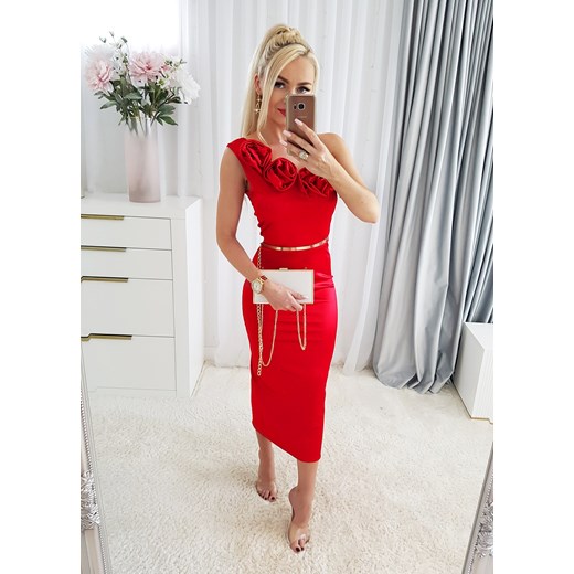 Czerwona sukienka Iwette Fashion midi dopasowana elegancka z krótkim rękawem 