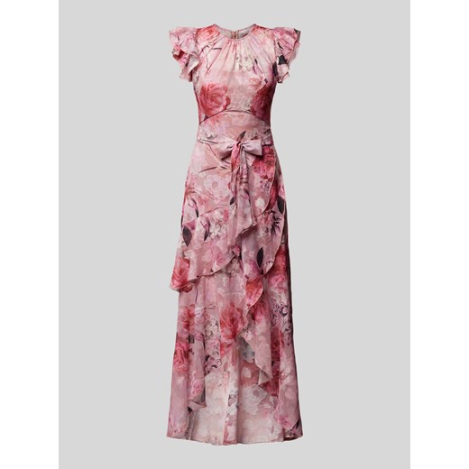 Sukienka Lipsy z okrągłym dekoltem z szyfonu wieczorowa różowa maxi z krótkim rękawem 