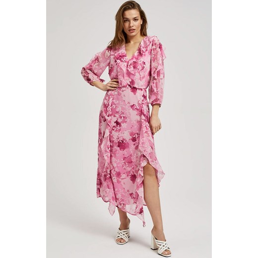 Sukienka z falbanami i kwiatowym wzorem różowa 4312, Kolor różowy-wzór, Rozmiar XS, Moodo ze sklepu Primodo w kategorii Sukienki - zdjęcie 171954651