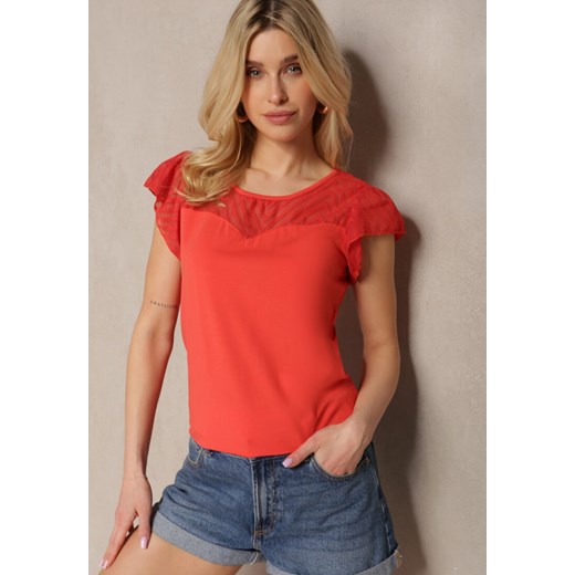 Czerwony Elegancki T-shirt Bluzka z Bawełny z Przezroczystymi Wstawkami Biopara ze sklepu Renee odzież w kategorii Bluzki damskie - zdjęcie 171959561