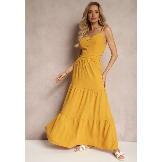 Źółta Sukienka na Ramiączkach z Regulacją z Gumką w Talii i Falbanką Faviara ze sklepu Renee odzież w kategorii Sukienki - zdjęcie 171959641