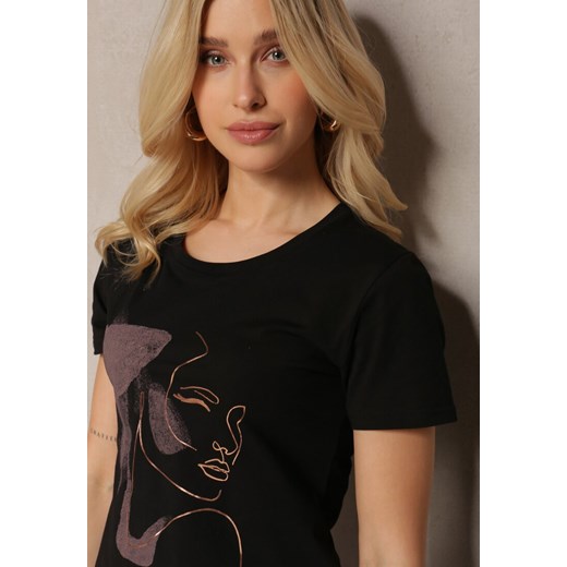 Czarny Bawełniany T-shirt z Ozdobnym Nadrukiem Biola Renee L okazyjna cena Renee odzież