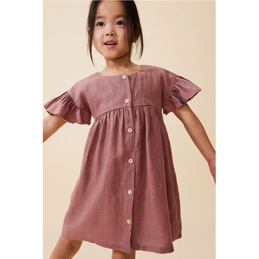 H & M - Lniana sukienka z falbankowym rękawem - Różowy ze sklepu H&M w kategorii Sukienki dziewczęce - zdjęcie 171983174