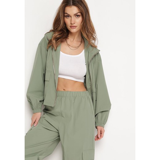 Zielony Komplet Dresowy Rozpinana Bluza ze Ściągaczem i Spodnie Bojówki z XL promocyjna cena Born2be Odzież