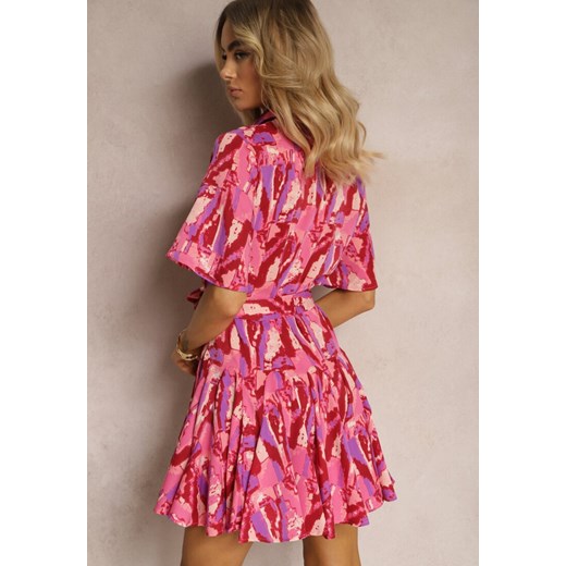 Różowa Rozkloszowana Sukienka o Koszulowym Kroju z Paskiem w Talii w Abstrakcyjny Wzór Farae ze sklepu Renee odzież w kategorii Sukienki - zdjęcie 171996481