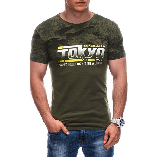 T-shirt męski z nadrukiem 1925S - khaki ze sklepu Edoti w kategorii T-shirty męskie - zdjęcie 172003363