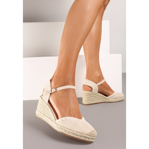 Espadryle damskie beżowe Renee casual z klamrą na koturnie 