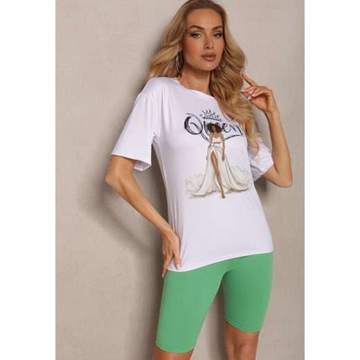 Zielono-Biały Komplet 2-Częściowy Koszulka z Ozdobnym Nadrukiem i Elastyczne Kolarki High Waist Vannesa ze sklepu Renee odzież w kategorii Komplety i garnitury damskie - zdjęcie 172004973