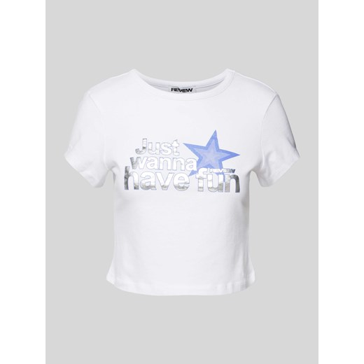 T-shirt z mieszanki bawełny i elastanu z nadrukowanym napisem Review XL okazyjna cena Peek&Cloppenburg 