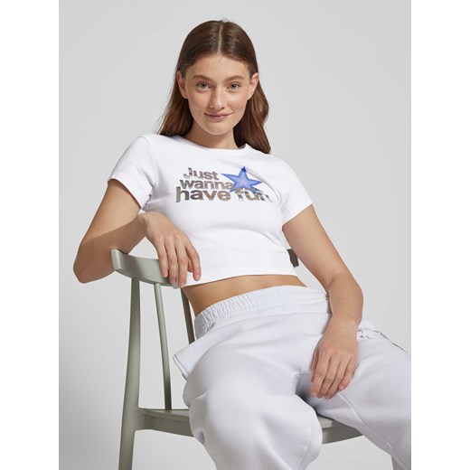 T-shirt z mieszanki bawełny i elastanu z nadrukowanym napisem Review XL okazja Peek&Cloppenburg 
