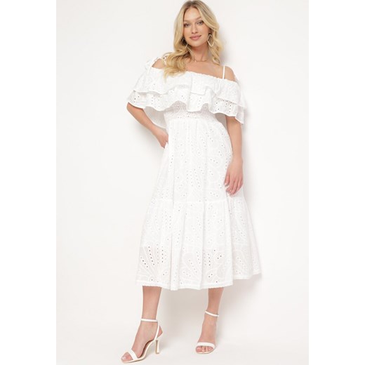 Biała Sukienka Bawełniana z Hiszpańskim Dekoltem z Falbaną Uvilora ze sklepu Born2be Odzież w kategorii Sukienki - zdjęcie 172008710