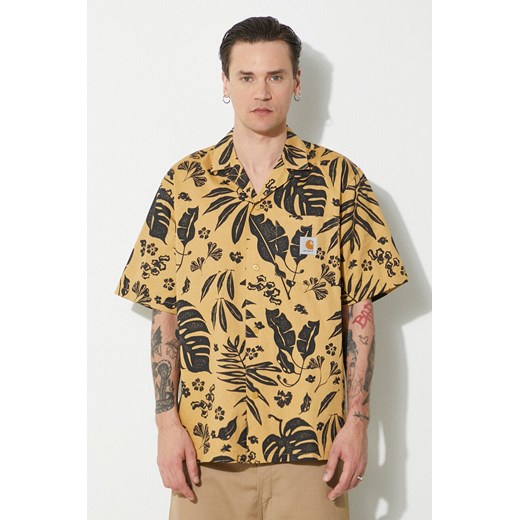 Carhartt WIP koszula bawełniana S/S Woodblock Shirt męska kolor beżowy relaxed I033073.24LXX ze sklepu PRM w kategorii Koszule męskie - zdjęcie 172009634