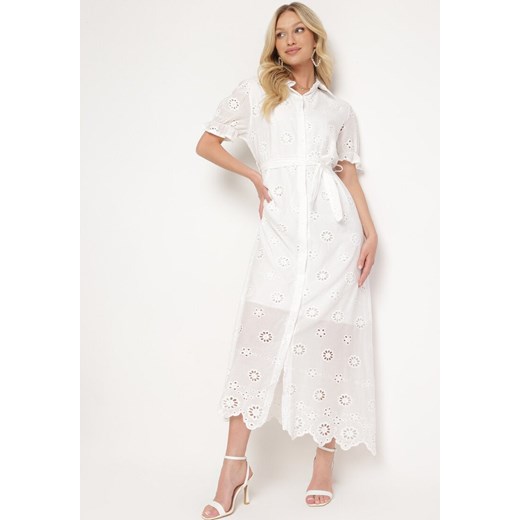 Biała Koszulowa Sukienka z Ażurowym Haftem i Bufiastymi Rękawami Lieve ze sklepu Born2be Odzież w kategorii Sukienki - zdjęcie 172018542