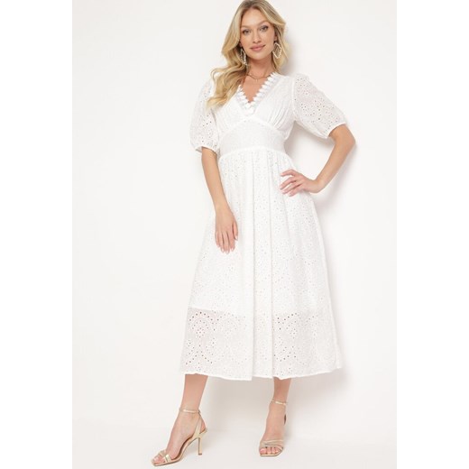 Biała Bawełniana Sukienka z Haftowanej Tkaniny z Gumkami w Pasie Folvira ze sklepu Born2be Odzież w kategorii Sukienki - zdjęcie 172018563
