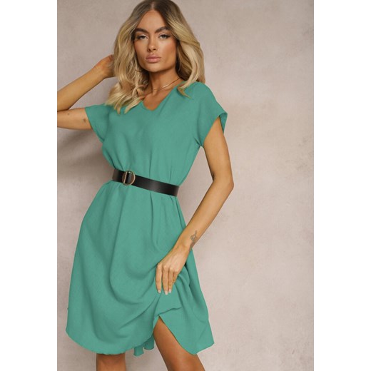 Sukienka zielona Renee mini biznesowa z krótkimi rękawami z dekoltem w literę v oversize casual 