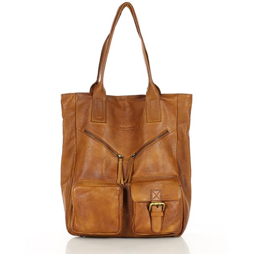 Duża torba shopper z przegródkami skóra naturalna - MARCO MAZZINI brąz camel ze sklepu Verostilo w kategorii Torby Shopper bag - zdjęcie 172020921
