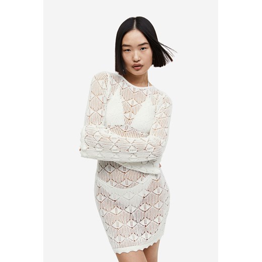 H & M - Sukienka z ażurowej dzianiny - Biały ze sklepu H&M w kategorii Odzież plażowa - zdjęcie 172025381
