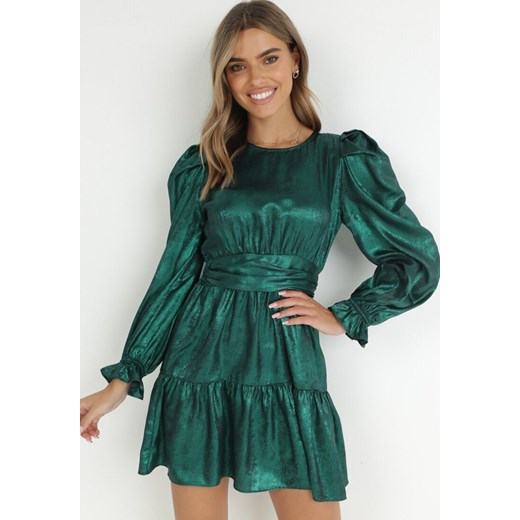 Zielona Sukienka Metaliczna z Bufiastym Rękawem Havo ze sklepu Born2be Odzież w kategorii Sukienki - zdjęcie 172031220