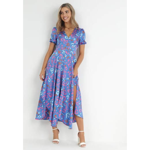 Niebieska Sukienka Maxi z Asymetrycznym Dołem i Krótkim Rękawem z Falbankami Ammie ze sklepu Born2be Odzież w kategorii Sukienki - zdjęcie 172031380