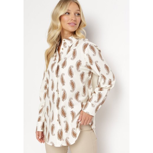 Beżowo-Brązowa Bawełniana Koszula Zdobiona Wzorem Paisley Jamara ze sklepu Born2be Odzież w kategorii Koszule damskie - zdjęcie 172031473