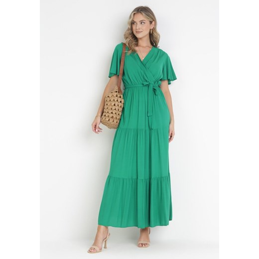 Zielona Rozkloszowana Sukienka Maxi z Wiązanym Paskiem Japhelia ze sklepu Born2be Odzież w kategorii Sukienki - zdjęcie 172031543