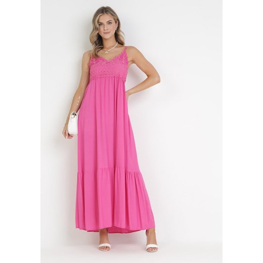 Różowa Sukienka Maxi z Ażurowym Dekoltem i Falbaną na Dole z Wiskozy Nelnin ze sklepu Born2be Odzież w kategorii Sukienki - zdjęcie 172031691