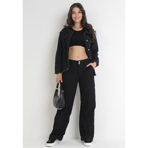 Czarne Bawełniane Spodnie ze Stoperami na Krawędziach Nogawek Lile ze sklepu Born2be Odzież w kategorii Spodnie damskie - zdjęcie 172031753