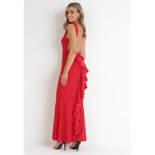 Czerwona Sukienka z Ozdobną Falbanką i Odkrytymi Plecami Naressa ze sklepu Born2be Odzież w kategorii Sukienki - zdjęcie 172031903