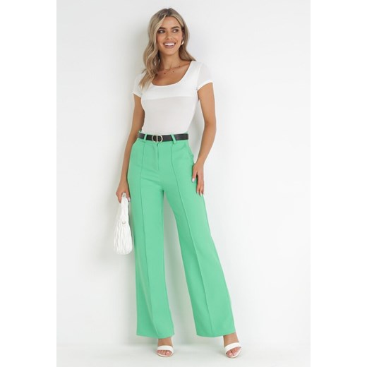 Zielone Spodnie z Wysokim Stanem i Paskiem z Imitacji Skóry Pat ze sklepu Born2be Odzież w kategorii Spodnie damskie - zdjęcie 172032013