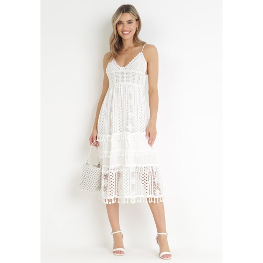 Biała Szydełkowa Sukienka Midi na Cienkich Ramiączkach i Gumką w Talii Kahri ze sklepu Born2be Odzież w kategorii Sukienki - zdjęcie 172032220
