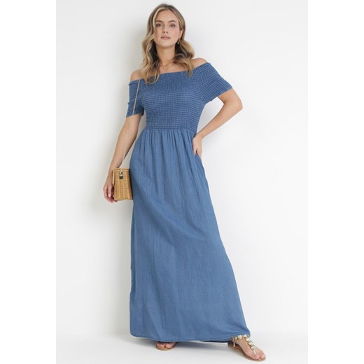 Niebieska Sukienka Maxi z Hiszpańskim Dekoltem Raandrys ze sklepu Born2be Odzież w kategorii Sukienki - zdjęcie 172032241