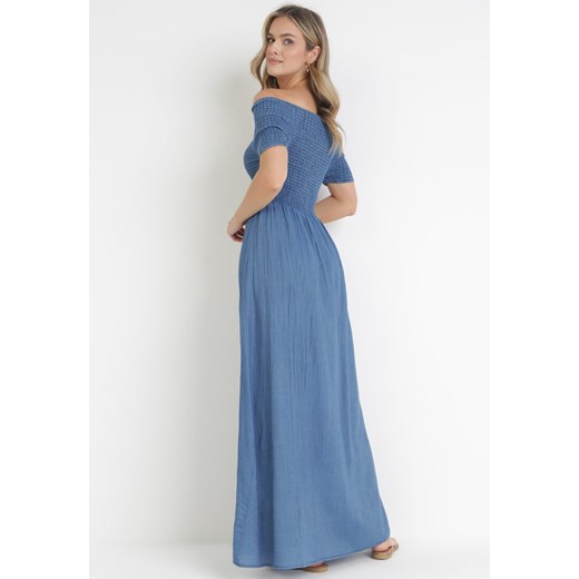Niebieska sukienka Born2be maxi z krótkim rękawem rozkloszowana elegancka 