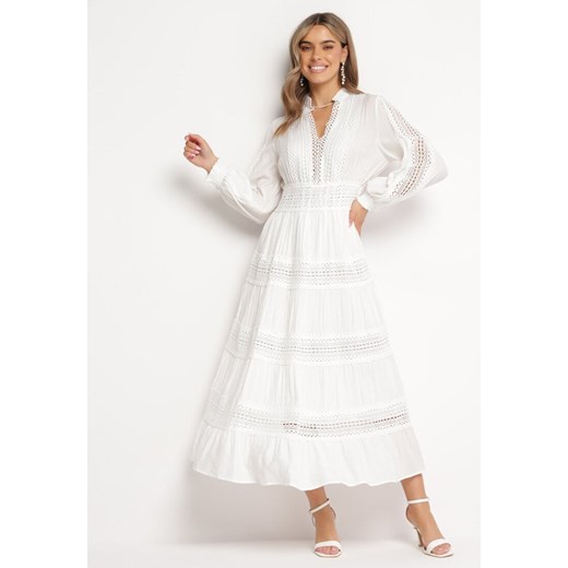 Biała Rozkloszowana Sukienka Maxi z Gumką w Talii i Ażurowym Zdobieniem Binaella ze sklepu Born2be Odzież w kategorii Sukienki - zdjęcie 172032891