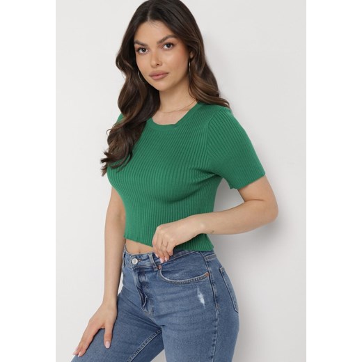 Zielony Krótki T-shirt z Prążkowanej Dzianiny Clutia ze sklepu Born2be Odzież w kategorii Bluzki damskie - zdjęcie 172033013