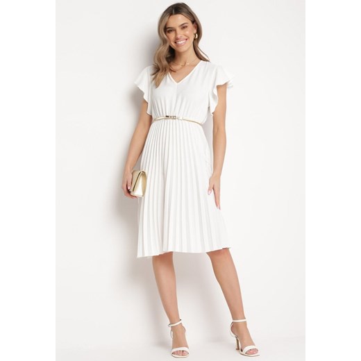 Biała Sukienka Rozkloszowana Midi z Plisowanym Dołem Sabara ze sklepu Born2be Odzież w kategorii Sukienki - zdjęcie 172033120