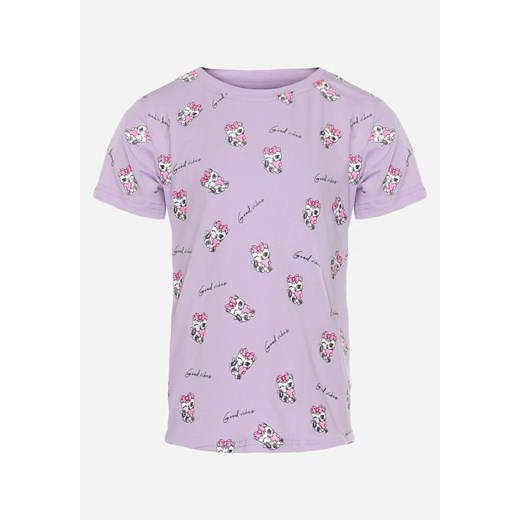 Jasnofioletowa Bawełniana Koszulka z Ozdobnym Printem Venellia ze sklepu Born2be Odzież w kategorii Bluzki dziewczęce - zdjęcie 172033160