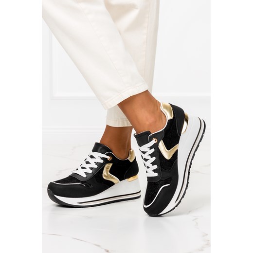 Czarne sneakersy na koturnie buty sportowe sznurowane Casu BK220 ze sklepu Casu.pl w kategorii Buty sportowe damskie - zdjęcie 172040521
