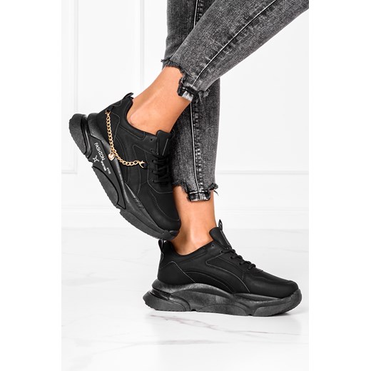 Czarne sneakersy na platformie ze złotym łańcuszkiem buty sportowe sznurowane Casu SJ2102-1 ze sklepu Casu.pl w kategorii Buty sportowe damskie - zdjęcie 172041702