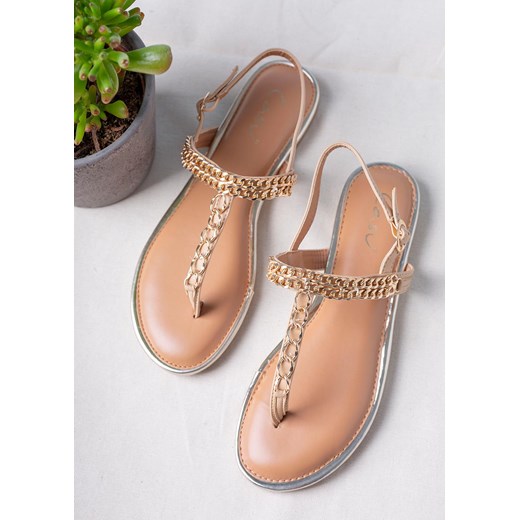 Beżowe sandały japonki płaskie z ozdobnym złotym łańcuszkiem Casu RT20X7/BE Casu 36 promocyjna cena Casu.pl