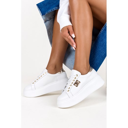 Białe sneakersy skórzane damskie na platformie z ozdobą sznurowane PRODUKT POLSKI Casu DS-739 ze sklepu Casu.pl w kategorii Buty sportowe damskie - zdjęcie 172044872