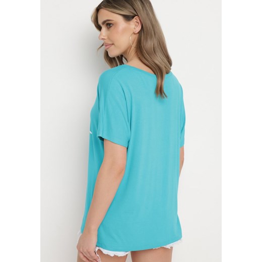 Niebieski Wiskozowy T-shirt Koszulka z Rękawami Typu Nietoperz z Ozdobnym S okazyjna cena Born2be Odzież