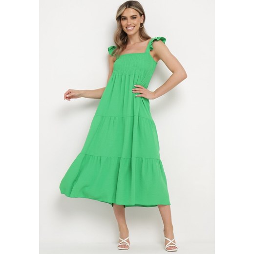 Zielona Sukienka na Ramiączkach z Falbankami o Rozkloszowanym Kroju Ebisena ze sklepu Born2be Odzież w kategorii Sukienki - zdjęcie 172046690