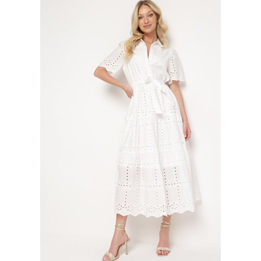 Biała Ażurowa Sukienka z Bawełny Przewiązywana w Talii z Guzikami Pariena ze sklepu Born2be Odzież w kategorii Sukienki - zdjęcie 172046914