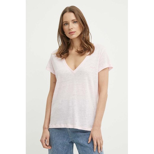 Pepe Jeans t-shirt lniany LEIGHTON kolor różowy PL505855 ze sklepu ANSWEAR.com w kategorii Bluzki damskie - zdjęcie 172051171