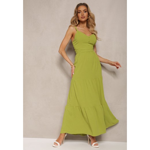 Zielona Sukienka na Ramiączkach z Regulacją z Gumką w Talii i Falbanką Faviara ze sklepu Renee odzież w kategorii Sukienki - zdjęcie 172051924
