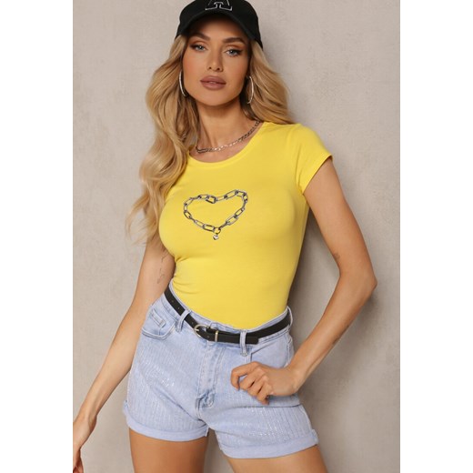 Żółty Koszulka T-shirt z Bawełny z Ozdobnym Nadrukiem Efita ze sklepu Renee odzież w kategorii Bluzki damskie - zdjęcie 172052253