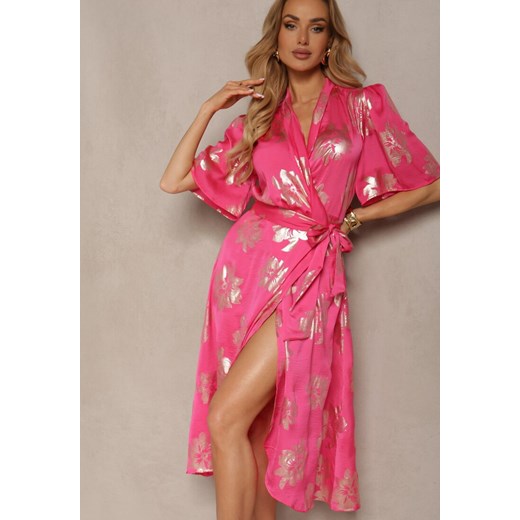 Różowa Kopertowa Sukienka w Metaliczny Florystyczny Wzór z Materiałowym Paskiem w Talii Glerina ze sklepu Renee odzież w kategorii Sukienki - zdjęcie 172052633