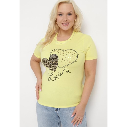 Żółty Bawełniany T-shirt Koszulka z Krótkim Rękawem Zdobiona Nadrukiem i Cyrkoniami Corila ze sklepu Born2be Odzież w kategorii Bluzki damskie - zdjęcie 172056113