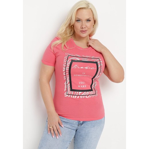 Różowy Bawełniany T-shirt Koszulka z Krótkim Rękawem Ozdobiona Nadrukiem i Cyrkoniami Codara ze sklepu Born2be Odzież w kategorii Bluzki damskie - zdjęcie 172056140